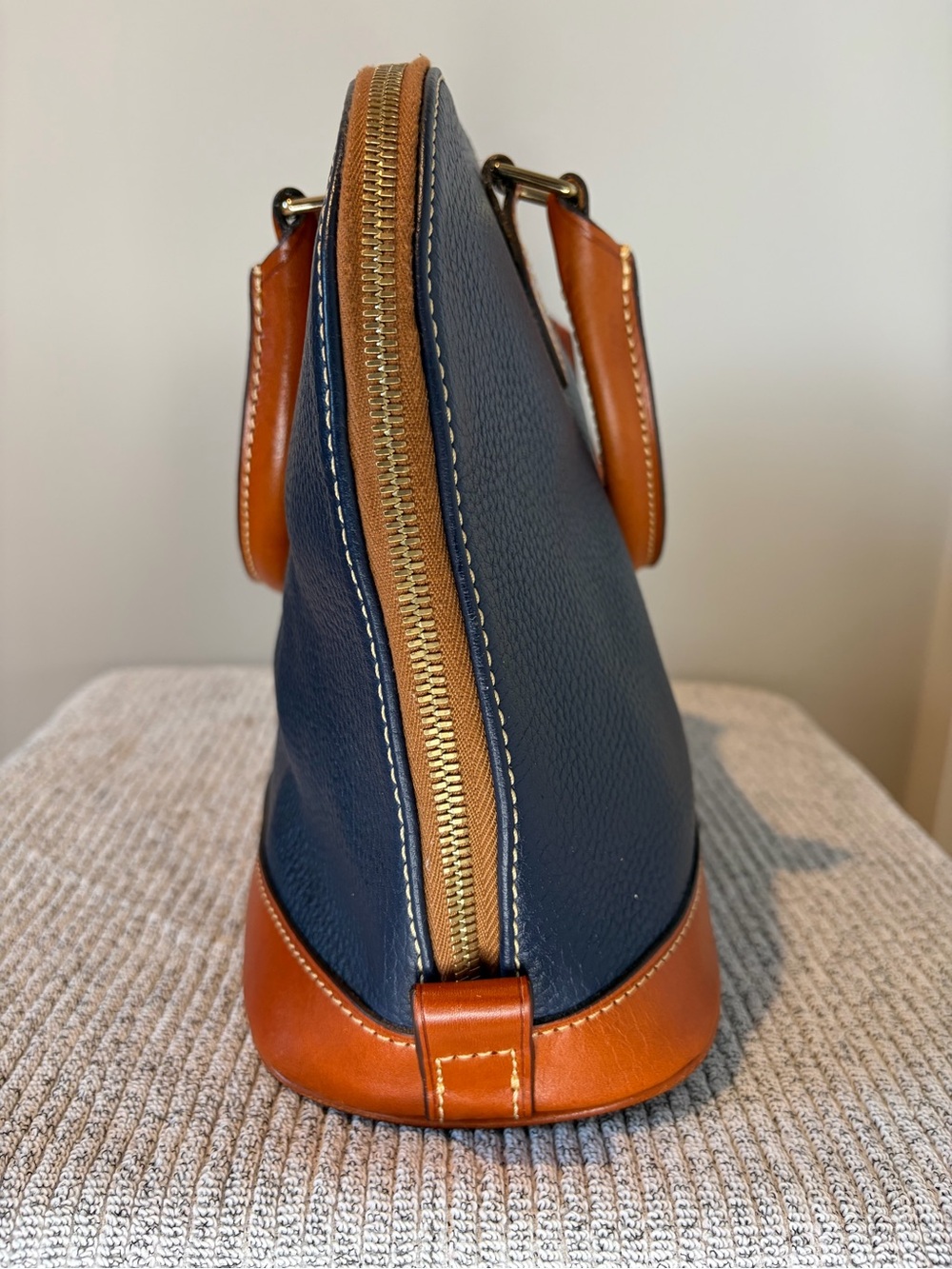 Dooney & Bourke Pebbled Leather Dome Satchel Bag Navy Blue/Brown Trim - Picture 7 of 15